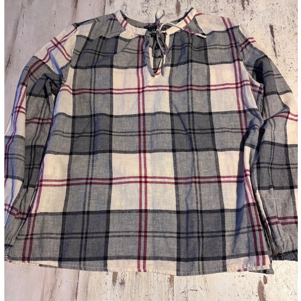 Roots plaid blouse women sz S cotton linen tie neck bohemian peasant top